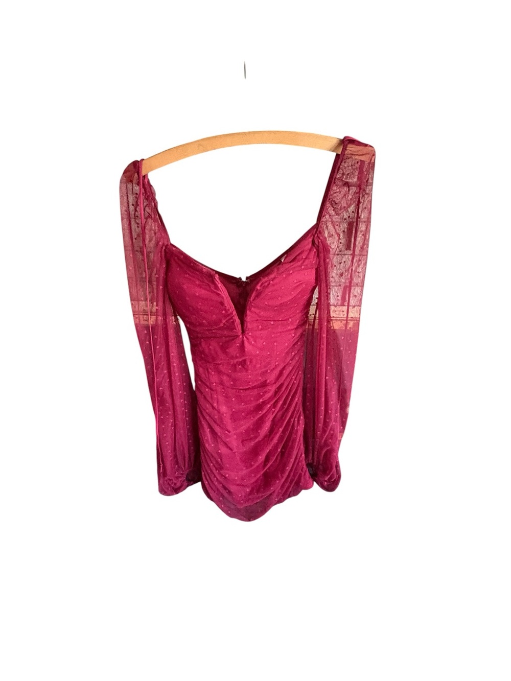 Lucy in the Sky Burgundy Ruched Mesh Sleeve Mini Dress Size S